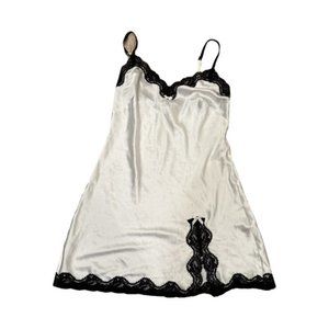 Victoria Secret White Silk Slip Trimmed in Black Lace - XS